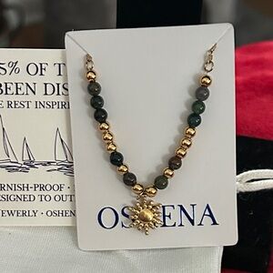 Oshena designer beachwear Apollo Sun Gold Green Beaded Sun Pendant Necklace‎